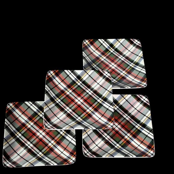 Set Of 4 Pottery Barn Denver Red Plaid Appetizer Plates Square 5.75” Stoneware - Picture 8 of 14